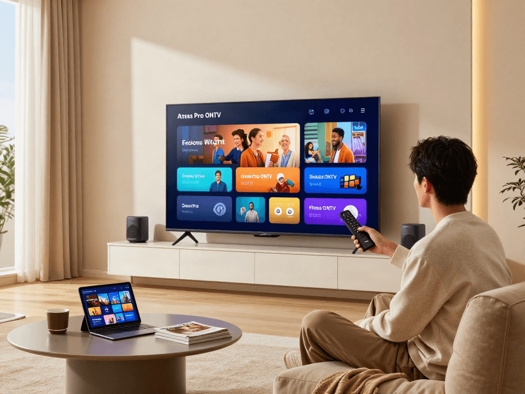 Expérience immersive avec Atlas pro ontv dans un salon moderne avec un utilisateur interactif.