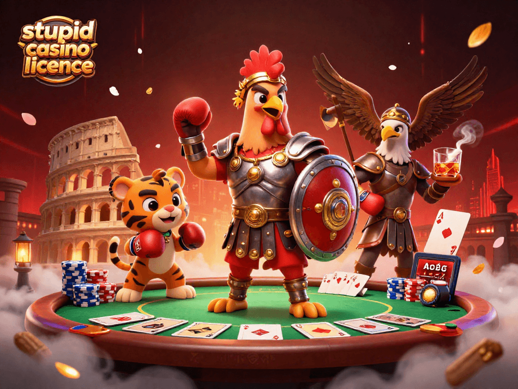 Découvrez la licence stupide Casino, illustrée par un coq gladiateur et des éléments de jeu captivants.