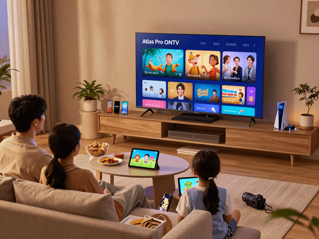 Famille utilisant l'application atlas pro ONTV sur leur téléviseur intelligent, avec une atmosphère chaleureuse.