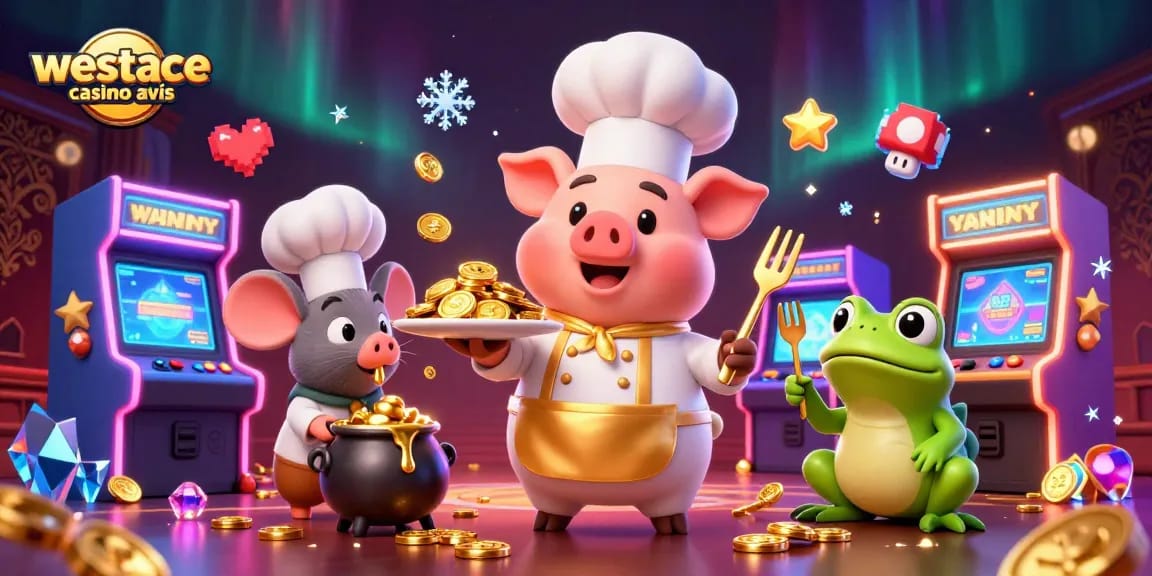 Afficher le westace casino avis avec un chef et des pièces d'or dans une illustration dynamique.