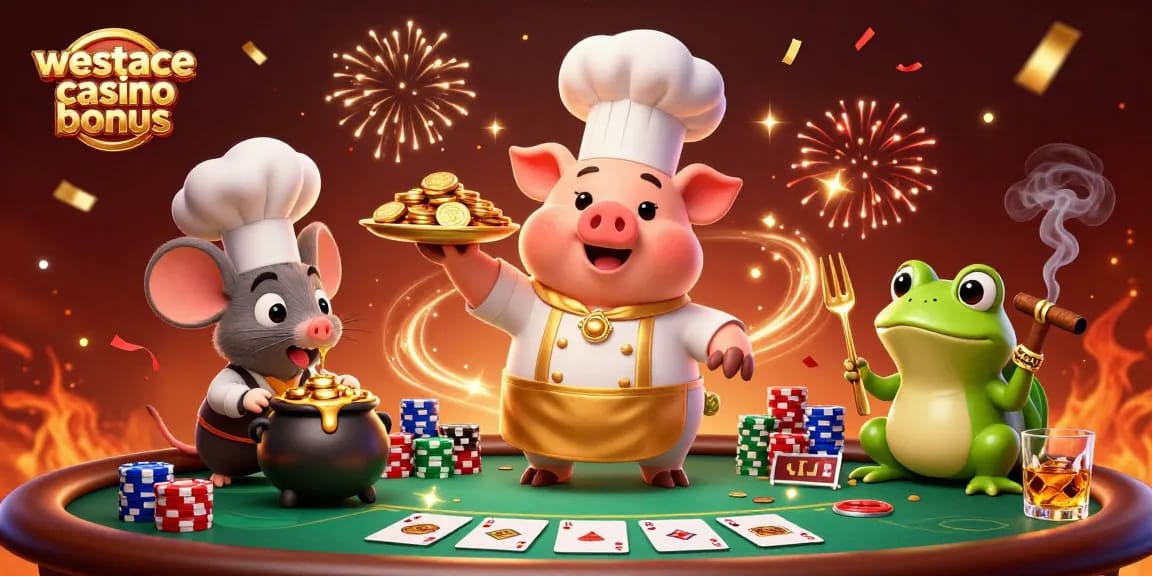 Bonus WestAce captivant avec des personnages de casino jouant aux cartes entourés de jetons et de feux d'artifice.