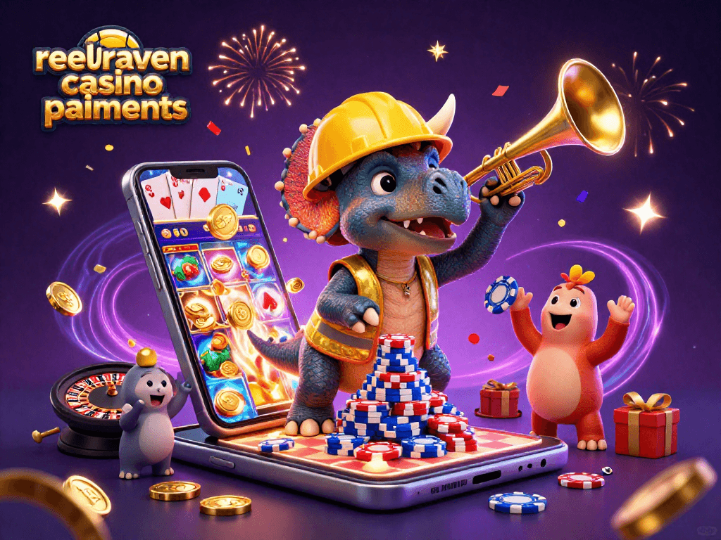 Les paiements rapides de reelraven casino paiements illustrés par un triceratops et ambiance festive.