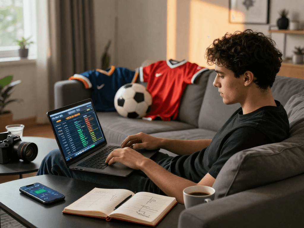 Scène de pari sportif crypto, personne dans un salon moderne utilisant un ordinateur portable, ambiance détendue et concentrée.
