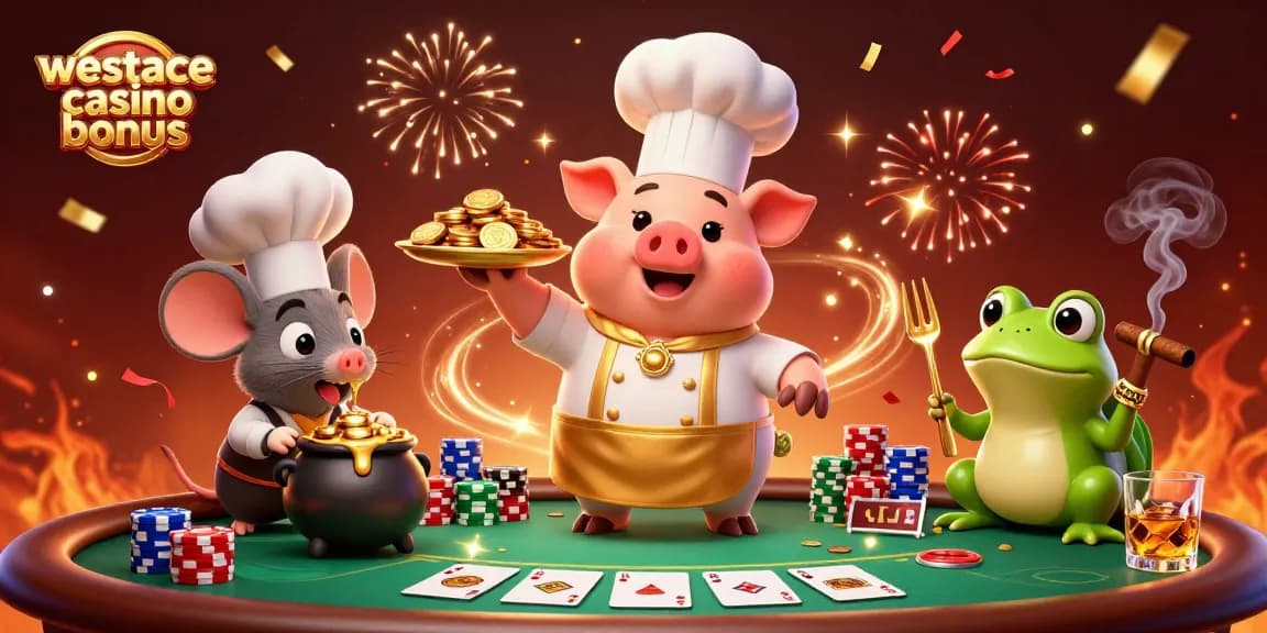 Bonus WestAce captivant avec des personnages de casino jouant aux cartes entourés de jetons et de feux d'artifice.